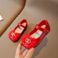 Classic red patent leather girls Mary Jane shoes with big tulle bow and rhinestone buckle - Size 21 (13.8cm) / Red