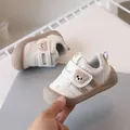 Infant walking sneakers with bear embroidery and breathable cream leather upper - Size 16 (Inner Length 11.5cm) / Off White