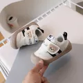 Beige baby walking shoes featuring bear embroidery and non-slip brown rubber soles - Size 16 (Inner Length 11.5cm) / Black