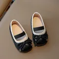 Sparkly black sequin girls Mary Jane shoes with white wavy trim and bow accent - Black