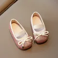 Pink sequin girls' Mary Jane princess shoes with white bow and lace trim details - Pink
