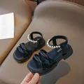 Mädchen-Plateausandalen in Schwarz mit eleganter Perlen-Knöchelriemen und Kreuzgurt-Design - Größe 26 (Innenlänge 16.8) / Schwarz
