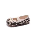 Girl's flat Mary Jane shoes featuring black and pale gold sequins with a bow accent - Size 30 Inner Length 18.9cm / Gold