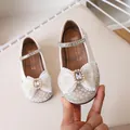 Elegant cream girls princess flat shoe with lace bow and sparkling pearl rhinestone detail - EU 30 / Off White