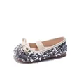 Sparkly silver sequin flat princess shoes for girls with decorative bow and elastic strap - Size 30 Inner Length 18.9cm / Silver