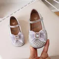 Silver girl's Mary Jane shoes with sequins, pearls, and a lavender bow design - EU 30 / Silver