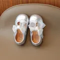 Silver girls Mary Jane princess shoes with mesh bow and hollowed out flower details - 16 / Silver