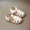 Classic cream woven leather sandals for girls with adjustable bronze buckles - 16 / Beige