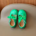 Glossy green girls Mary Jane shoes with mesh bow and scalloped trim details - 16 / Green