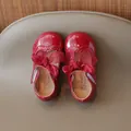 Red patent leather toddler girl princess shoes with mesh bow and brogue detailing - 16 / Burgundy