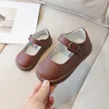Brown Mary Jane shoes for girls with white stitching and adjustable metal buckle - Size 21 (Inner Length 13.6cm) / Dark Brown