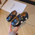 Girls' black glossy Mary Jane shoes with rhinestone pearl sunflower cross straps - Size 21 (Inner 13.5cm) / Black