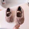 Toddler fuzzy mary jane shoes in brown faux shearling with elastic strap for autumn - Size 21 / Khaki