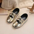 Shiny gold metallic Mary Jane shoes for girls with sweet double bow accent - Size 23 (Inner 14.5cm) / Bowknot Princess Leather Shoes / Gold