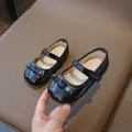 Girls black Mary Jane leather shoes with bow detail and velcro strap for toddler - Size 21 (13.5cm) / Black