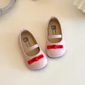 Rosa Mary Jane Kleinkinderschuhe mit roter Satinschleife und elastischem Band - Größe 16 (Innenlänge 12,8 cm) / Rosa
