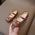 Classic dark brown girls' Mary Jane shoes with bow detail and hook-and-loop strap - Size 21 (13.5cm) / Dark Brown