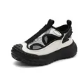 Detail view of breathable black mesh material and anti-collision rubber toe on kids shoes - Black