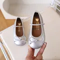 Silver metallic girls ballerina flat shoes with bow knot and elastic strap detail - EU 30 / Silver