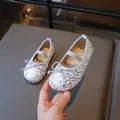 Silver sequin ballet flats for girls with bow detail and elastic strap - Size 21 (13.2cm) / Silver