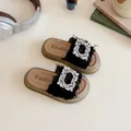 Girl's black rhinestone square buckle slides with frayed edges and beige fashion footbed - Size 21 (Inner 14.0cm) / Black