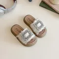 Chic beige girls' slides featuring fringe edges and a sparkling square rhinestone buckle - Size 21 (Inner 14.0cm) / Off White