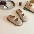 Beige crochet Mary Jane sandals for girls with pearl strap and thick rubber sole - Size 26 (15.5cm) / Off White