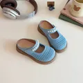 Light blue knit Mary Jane clogs for girls with pearl strap and rubber sole - Size 26 (15.5cm) / Blue