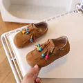 Girls brown suede loafers with colorful beads and fringe detail, cozy fall style shoes - EU 23 / Yellow