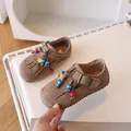 Brown leather girls' loafers featuring tassels and colorful beads with smiley face charms - EU 23 / Khaki