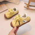 Yellow leather infant walking sneakers with non-slip rubber soles and velcro closure - Size 16 (Inner Length 12.0) / Yellow