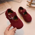 Girls burgundy suede Mary Jane shoes with silver metal buckle and soft rubber soles - Size 23 (Inner Length 14.3cm) / Burgundy