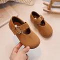 Brown suede Mary Jane shoes for girls with adjustable strap and metal buckle - Size 23 (Inner Length 14.3cm) / Yellow