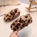 Zapatillas de peluche con estampado de leopardo para niños con correa ajustable - Talla 21 Longitud Interior 13.4cm / Caqui