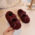 Winter plush baby shoes in burgundy faux shearling with leather bow detailing - Size 21 (Insole 13.4cm) / Burgundy