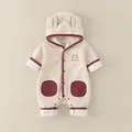 Cute beige baby romper with bear ears hood and burgundy trim made of warm fleece - Apricot / 66