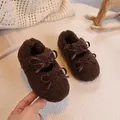 Brown plush children shoes with dual bow accents and warm fleece lining for autumn - Size 21 (Insole 13.4cm) / Dark Brown