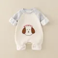 Adorabile pagliaccetto neonato panna e grigio a maniche lunghe con ricamo cucciolo e bottoni - 66 / Beige