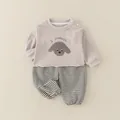 Ensemble bébé printemps avec sweat kaki chiot et pantalon à rayures noires - 73 / Gris