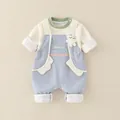 Infant long sleeve romper with 3D teddy bear and faux overall design in blue - 73 / Blue