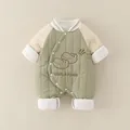 Green and white quilted infant romper with cute dinosaur embroidery and snap closure - Size 66 / Grass Green