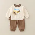 Zweiteiliges Baby-Set mit beigem 'SWEET DINO' Sweatshirt und brauner Ripphose - Braun Sweet Dino Set