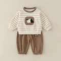 Baby-Trainingsanzug mit Streifenmuster, Hunde-Stickerei und brauner Hose aus Baumwolle - 73cm / Braun Hundekopf Set