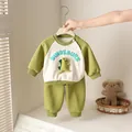Infant two-piece cotton tracksuit featuring a green dinosaur design and buttons - 73 / Avocado Green