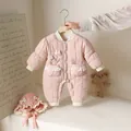 Rosa gesteppter Baby-Einteiler mit 3D-Hasenstickerei und passendem Strickmützchen - 73cm / Rosa (Dünne Baumwolle) Ohne Feste Kapuze