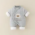 Light gray quilted baby romper with cartoon bear embroidery and snap buttons - Size 66 / Blue
