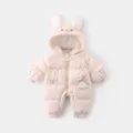 Pink baby snowsuit with rabbit ear hood, girl embroidery and 3D bunny patch - 73cm / Pink Rabbit