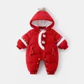 Pink infant down romper with festive apple theme and warm white faux fur trim - 73cm / Red Apple