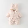 Pink hooded baby down romper with cute rabbit ears and warm fleece lining - 73cm / Pink Rabbit