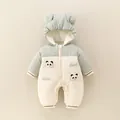 Gray and cream winter baby romper with cute bear ears and panda patch design - 66cm / Red Panda